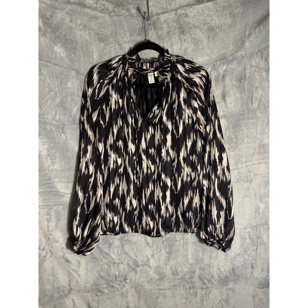 Joie Black Cream Abstract Ikat Metallic Ruffle Neck Blouse Top Small
